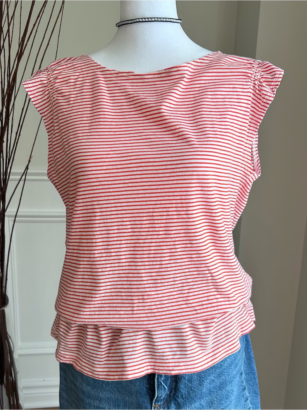 Joe Fresh vintage short sleeve peplum top red and White Stripe Ruffle Hem Large